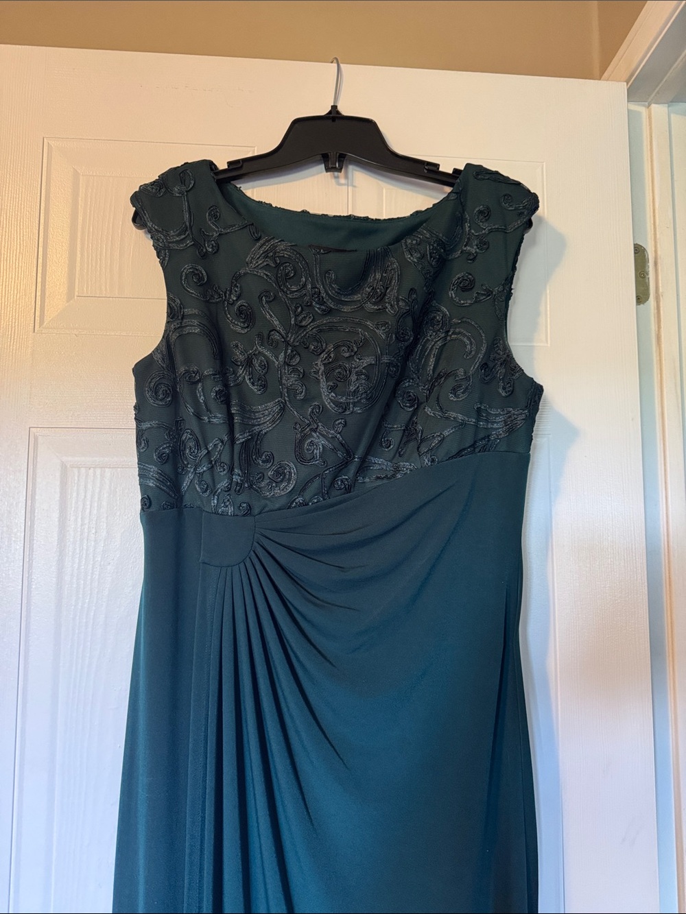 Embroidered Teal Long Sleeve Evening Dress